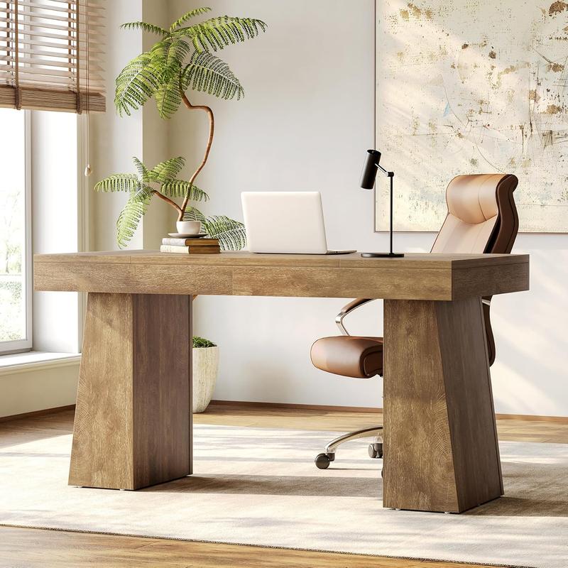LITTLE TREE 55 Inches Executive Desk, Mid-Century Modern Home Office Desk with Double Trapezoid Base, Wood Computer Desk Business Workstation Desk Small Conference Table