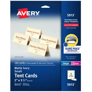 Avery Printable Tent Cards with Sure Feed Technology, 2" x 3.5", Ivory, 160 Blank Place Cards for Laser or Inkjet Printers (5913)