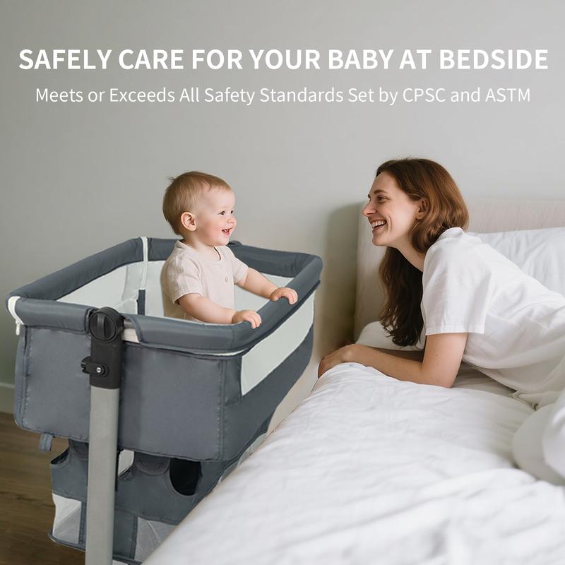 Baby Bassinet Bedside Crib Sleeper, Rocking Bassinet with Breathable Mesh Mattress Mosquito Net Adjustable Height Storage Net Bag Wheels Easy Folding Portable Bed for Infant Newborn