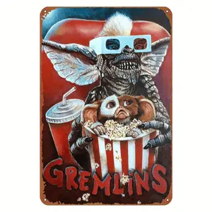 Vintage Gremlins Movie Poster Metal Sign Retro Horror Decor Featuring Gizmo and Popcorn Perfect for Home Cafe and Bar Wall Art
