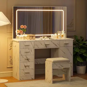 Vanity Desk with Mirror and Lights, White Makeup Vanity with 7 Drawers, 3 Light Mode and Brightness Adjusted, Dressing Table with Hairdryer Holder for Bedroom, Marble White