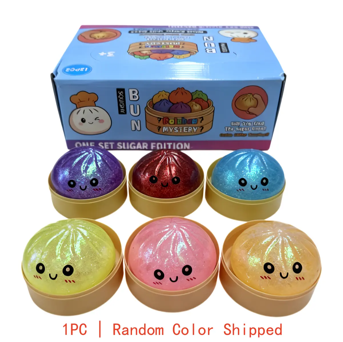 1PC/2PCS Kawaii Glitter dumpling Squishy Bun Stress Relief Toy, Soft TPR Squeeze Fidget Toy, Steamer Box Packaging, Random Color, Cute Anxiety Relief Toy, Birthday Gift for Anime Lovers