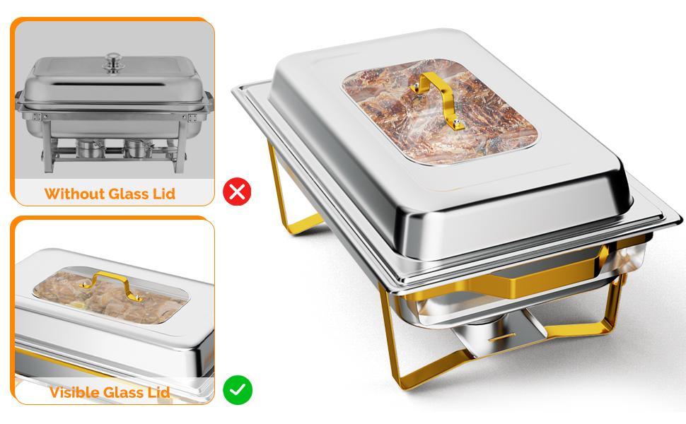ROVSUN Chafing Dishes for Buffet 2/4/6/8 Pack, 9QT Chafing Dish Buffet Set with Glass Lid, Stainless Steel Buffet Servers and Warmers with Folding Frame for Party Wedding Catering Event, Gold & Silver SpringStatements