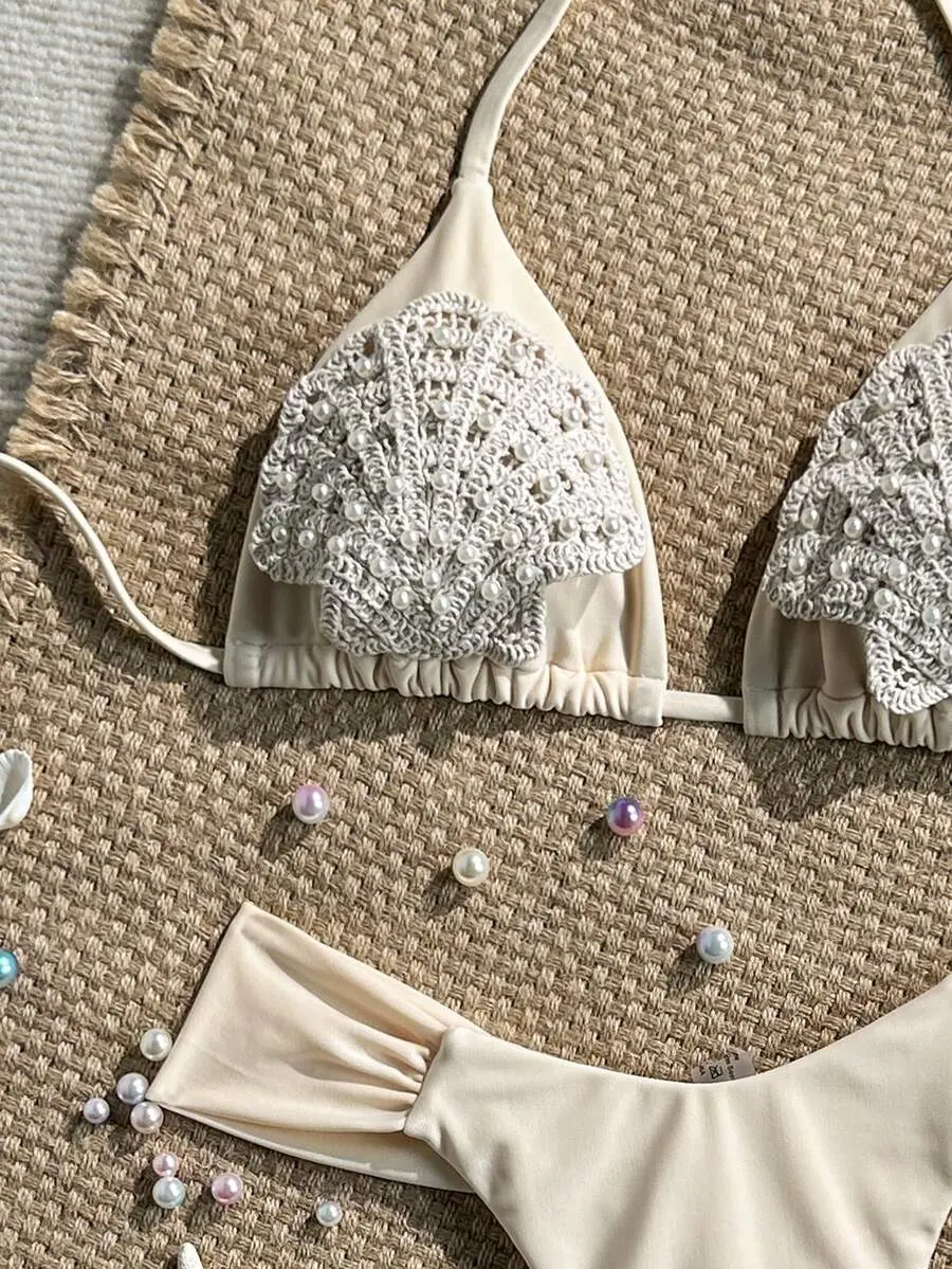 Women's Pearl and Shell Detail Halter Bikini Set, Triangle Top and Side-Tie Bottom Two-Piece Summer Beach Swimwear