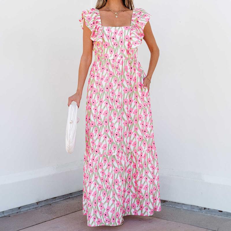 Pink Floral Print Square Neck Ruffled Strap Maxi Dress