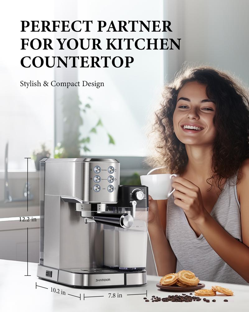 SHARDOR Espresso Coffee Machine Automatic Cappuccino Maker 20 Bar for Home, 6-in-1 Espresso Coffee Maker with Automatic Milk Frother for Cappuccino & Latte, 34 Oz Removable Water Tank, 1350W, Stainless Steel