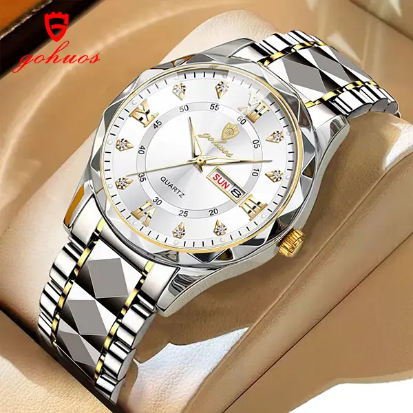 GOHUOS Men's Luxury Business Watch, Stainless Steel Analog Quartz with Luminous Green Dial, Dual Calendar, Water Resistant, Round Face, Butterfly Clasp, Gift Set