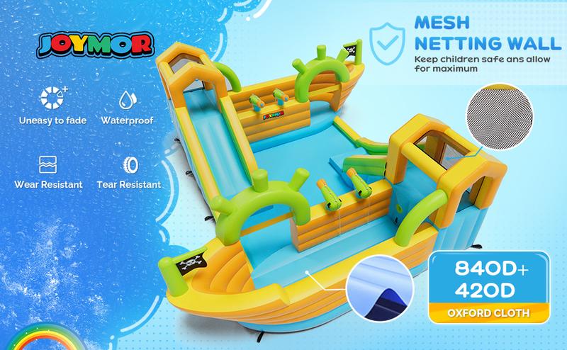 JOYMOR Inflatable Water Slide Park, 2 Pirate-Boat Giant Water Slide Bounce House w/4 Water Cannons, Challenge Climbing Wall, 10-in-1 Water Slides for Kids Backyard Outdoor w/Blower, Up to 6 Kids