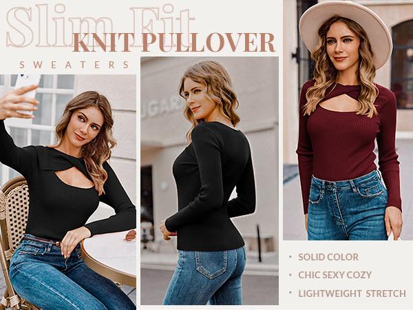 zeagoo Women's Pullover Sweaters Long Sleeve Cutout Knit Lightweight Crew Neck Fall Tops S-XXL Casual Womenswear Sizes run large Thin