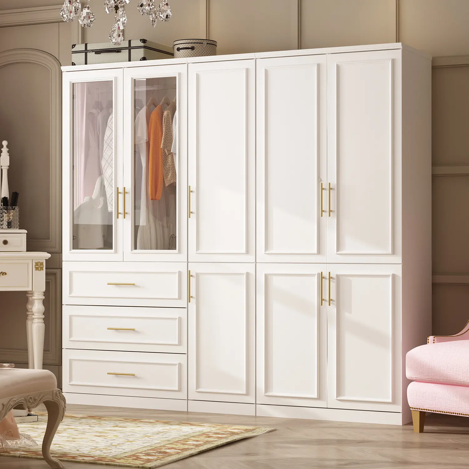 FUFU&GAGA Modern White Wardrobe Cabinet with 8 Doors, Hanging Rods, Gold Handles, Glass Doors, and 3 Drawers, Perfect for Bedroom or Cloakroom Furniture