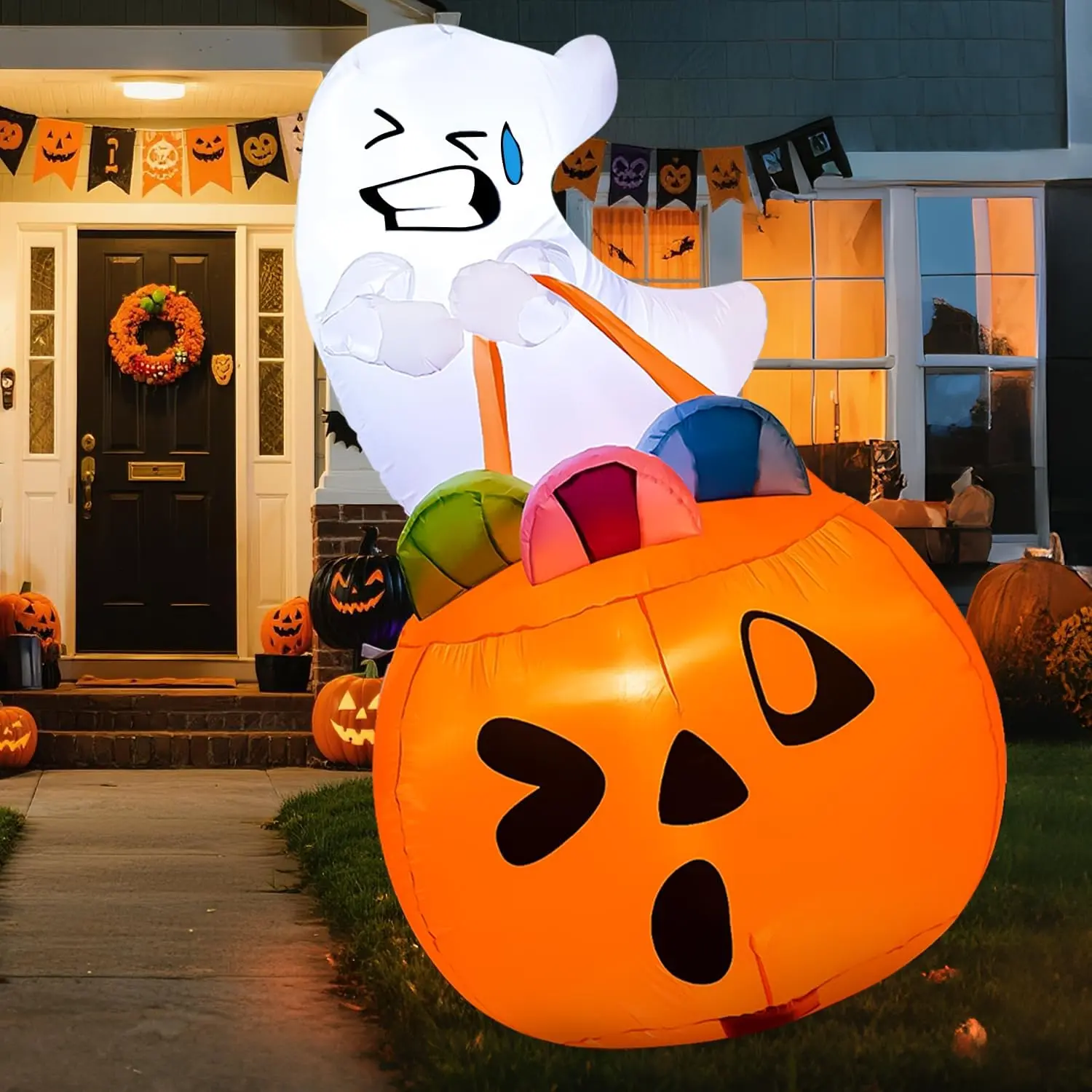 5FT Tall Halloween Inflatables Outdoor Decorations, Inflatable Cute Ghost Halloween Decor Outdoor, Blow Up Ghost Lift Pumpkin Candy Bag with Build-in LEDs for Yard Decorations