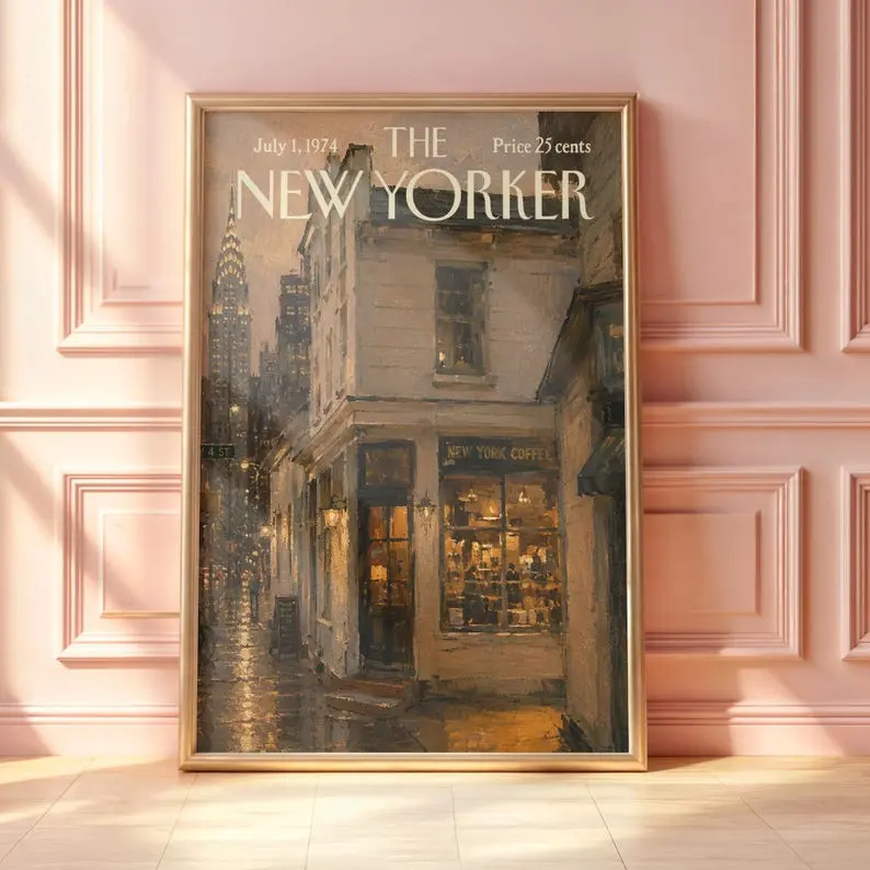 Vintage New Yorker Coffee Shop Poster, Cozy NYC Café Wall Art, Rainy New York Street Print, Chrysler Building Decor, Magazine Cover Style (Unframed)
