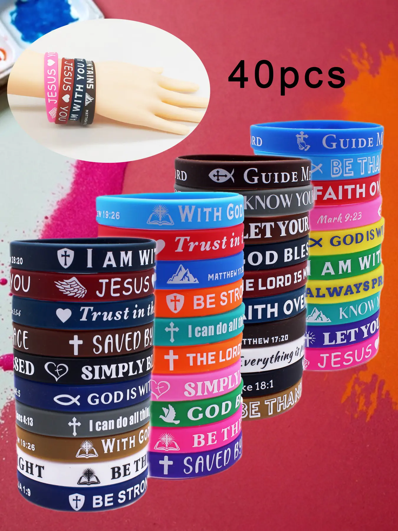 40pcs Silicone Bracelets with Bible Verses, Inspirational Quotes, Multicolor Options, Cross Print Bracelet, Perfect for Daily Wear, Parties and Gifts, Bracelets Stacking, Word Bracelets