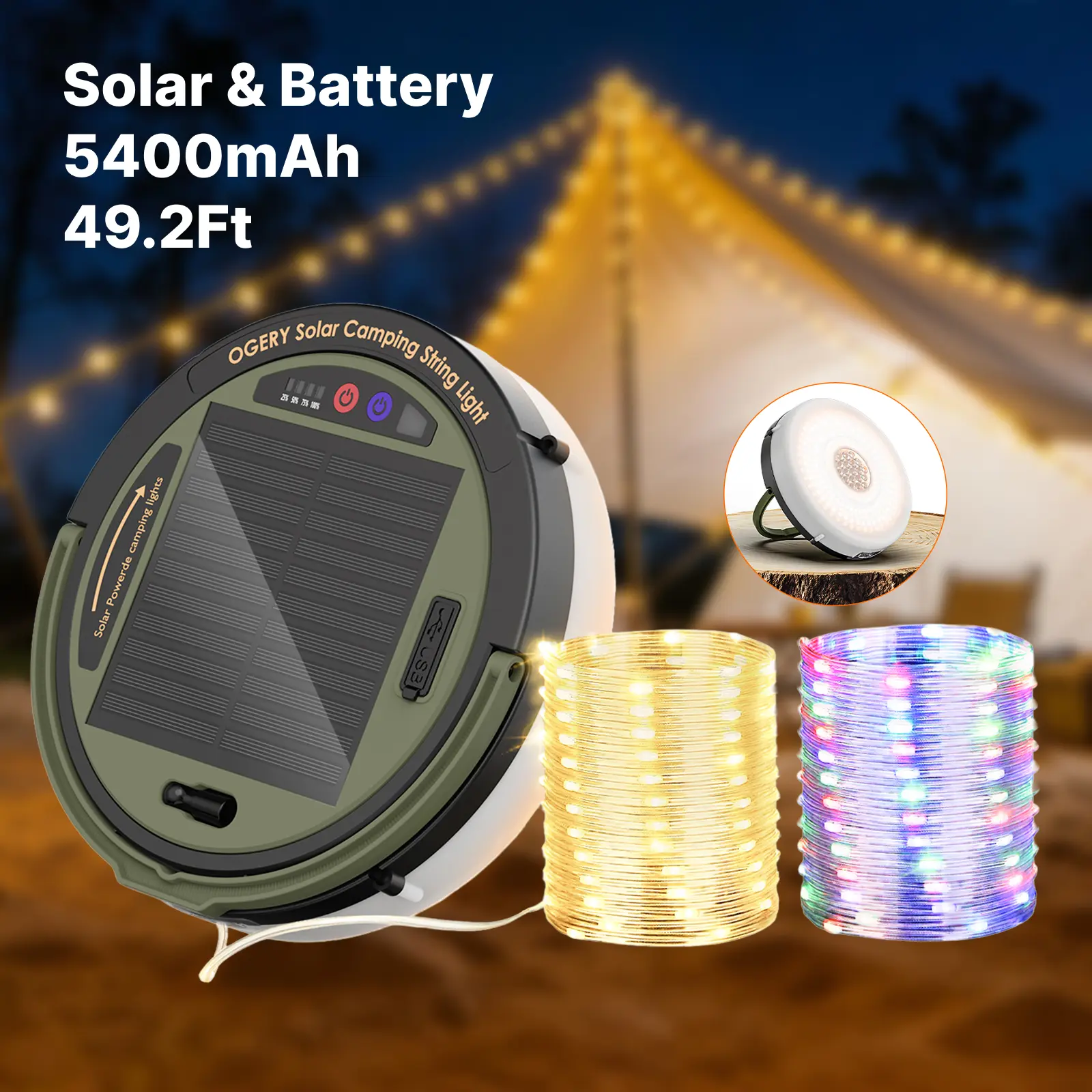 OGERY Solar Fairy Lights String Camping Lights, 5400mAh 49.2Ft Retractable Rechargeable, Solar-Battery Powered Portable Power Bank for Halloween & Christmas decor