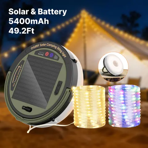 OGERY Solar LED Rechargeable Fairy String Lights - Camping Power Bank Lights, 5400mAh 49.2Ft Retractable Tangle-Free IPX4 Water-Resistant, Dual-Charge Portable with 7 Brightness Levels Ambient Decor for Halloween, Christmas
