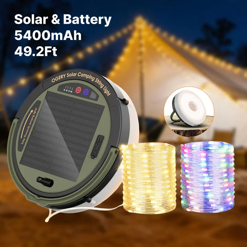 OGERY Solar LED Rechargeable Fairy String Lights - Camping Power Bank Lights, 5400mAh 49.2Ft Retractable Tangle-Free IPX4 Water-Resistant, Dual-Charge Portable with 7 Brightness Levels Ambient Decor for Halloween, Christmas