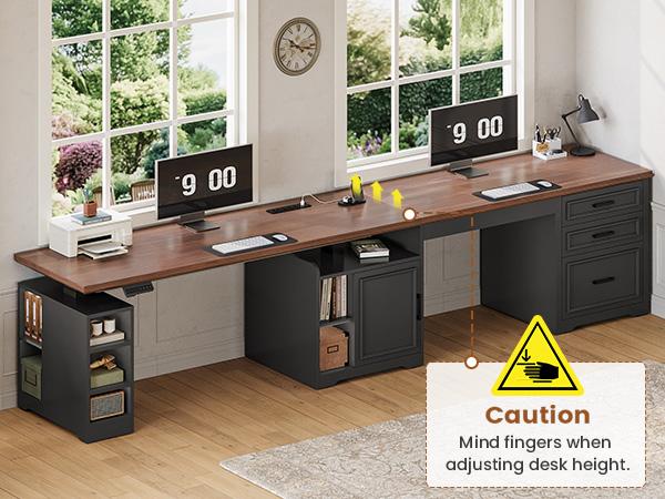 SEDETA Farmhouse L Shaped Electric Standing Desk, 63" x 67" Height Adjustable Home Office Executive Desk with Drawers and Shelves, Standing Computer Desks with Power Outlet for Home Office