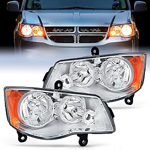 Nilight Headlight Assembly Compatible with 2011 2012 2013 2014 2015 2016 2017 2018 2019 Dodge Grand Caravan 2008-2016 Chrysler Town & Country Replacement Headlamp Chrome Housing Amber Reflector
