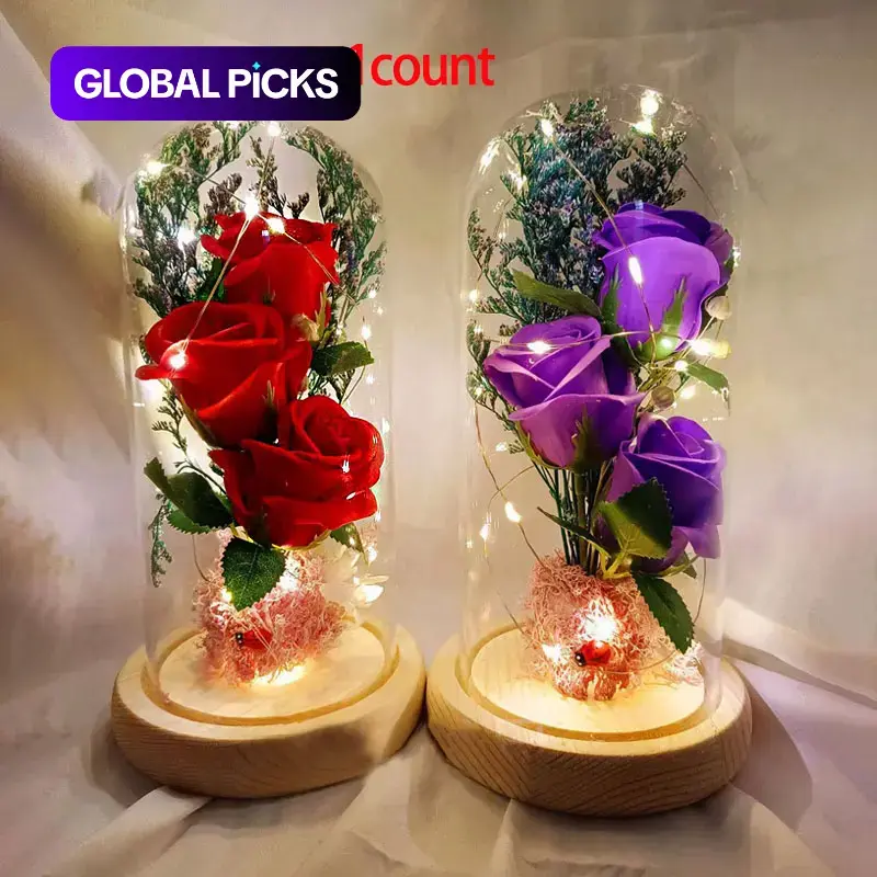 Artificial Roses Bouquet in Transparent Glass Box with LED Light, 1 Count Decorative Floral Arrangement, Floral Decoration, Flower Arrangements for Home and Parties, DIY Decorative Flower, Fake Flowers, Fake Bouquets #GLOBAL PICKS