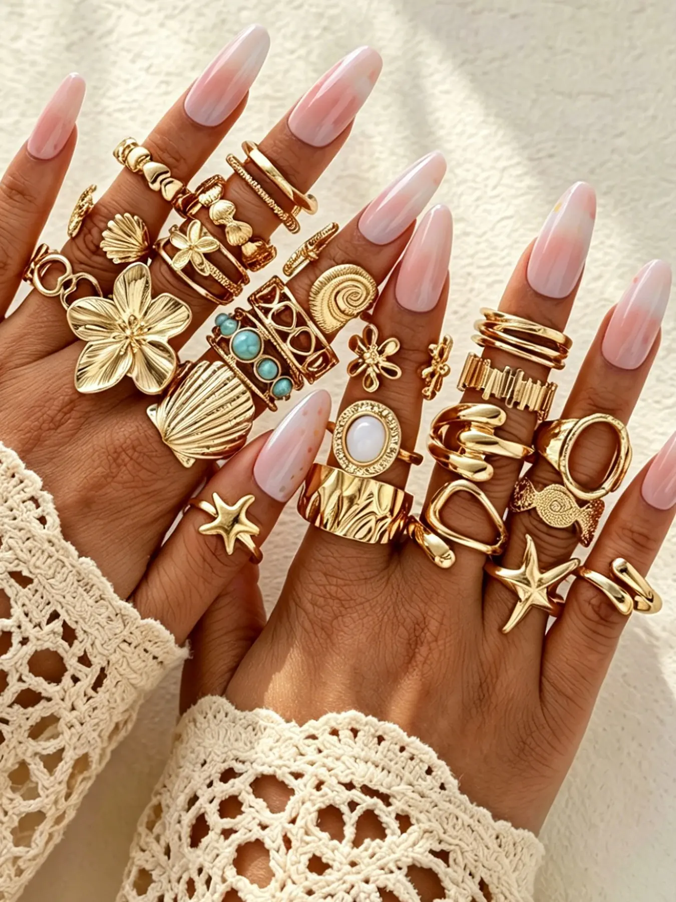 Women's Stackable Ring Set, Zinc Alloy Elegant Vintage Boho Chic Bohemian Turquoise, Geometric Star, Flower, Heart & Shell Design, Party Beach Birthday Gift Jewelry