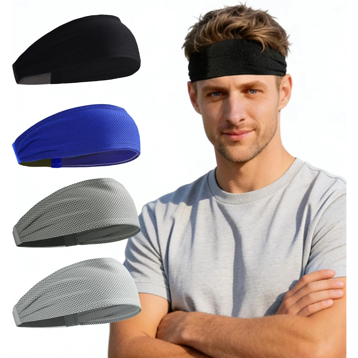 Cooling Sports Headband for Men Sweat Wicking Non Slip Mesh Hair Band Stretch Athletic Sweatband for Running Cycling Football Tennis Gym Outdoor Work