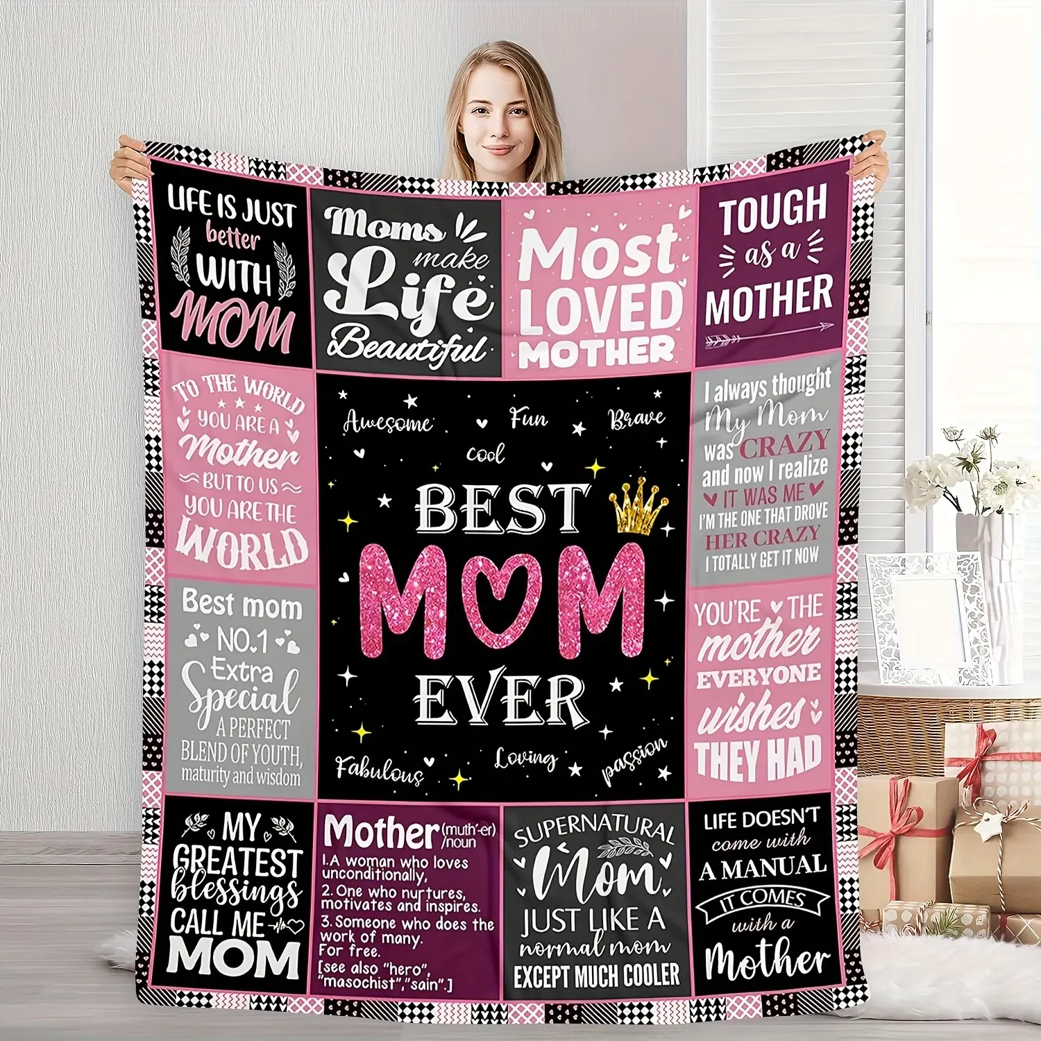 Best Mom Ever Gift for Mom Soft Cozy Flannel Blanket - Funny Mom Quotes Pink Black Print Plush Throw, Warm Fuzzy Bedroom Sofa Blanket, Perfect Mother's Day Birthday Christmas Gift for Mom Wife New Mom Women Home Decor