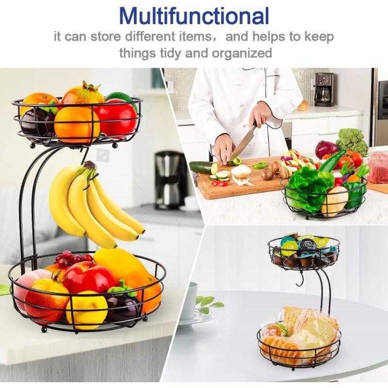 [New Deal] Iron 2-Tier Countertop Fruit Vegetables Basket Bowl Storage With Banana Hanger, Black, 64 ounces