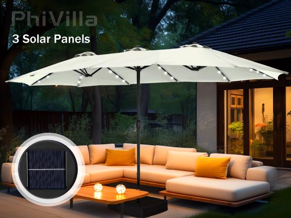 [2026 Upgrade] PHI VILLA 15ft Extra Large Wind Resistant Patio Umbrella, 2-Tier Outdoor Double-Sided Rectangle Market Modern Umbrella with Crank Handle, Includes Base, SpringGlowUp