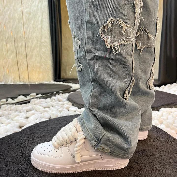 Sopula Studio Men's Streetwear Denim Cross Embroidery Jeans Ripped Straight Leg Blue Skateboard trousers