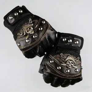 Outdoor sports gloves, skull-patterned half-finger pirate gloves with rivets, men's sports cycling gloves.