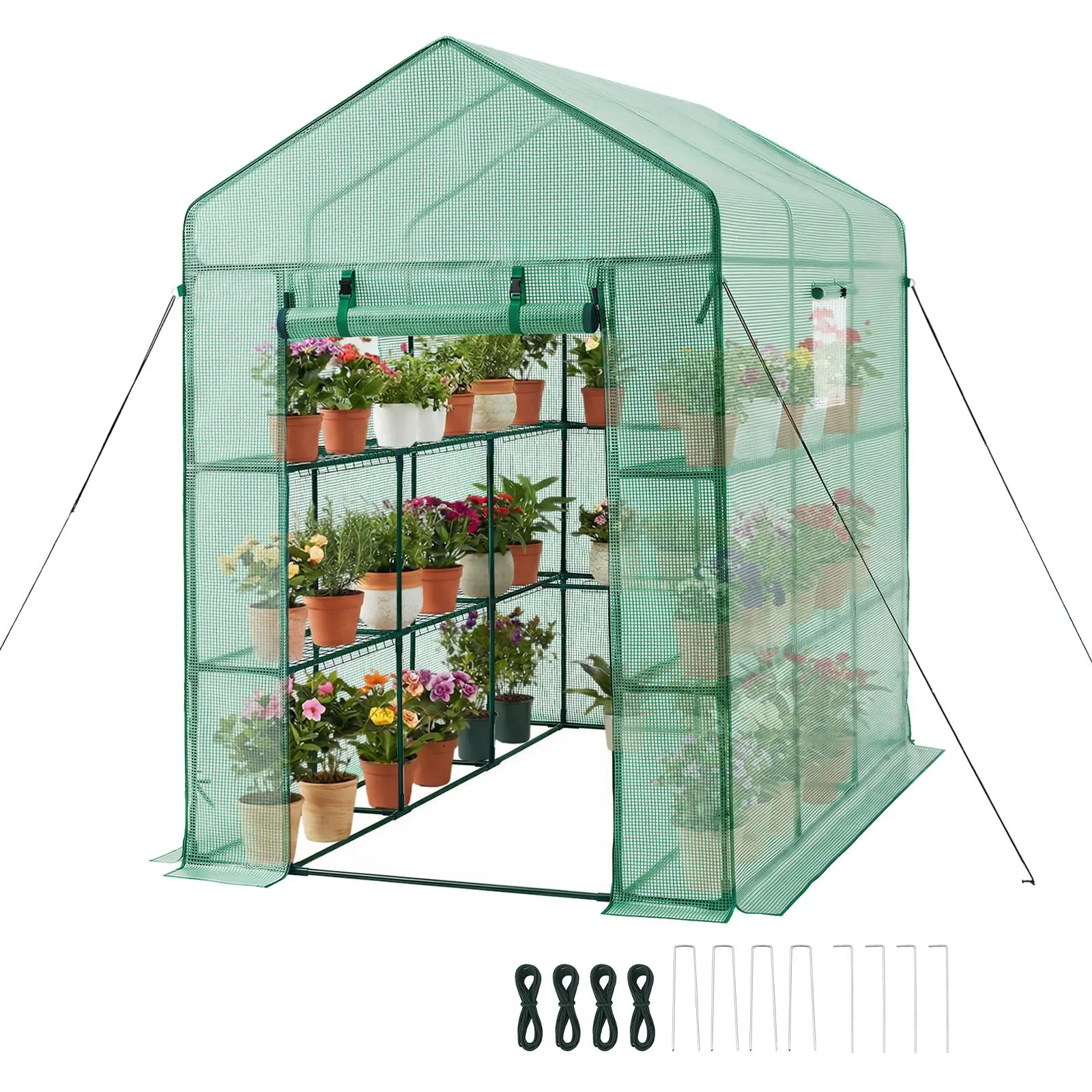 VEVOR Outdoor Walk-in Greenhouse, 54x81.1x77.2 in (137x206x196 cm), 2-level Shelves, High-Strength PE Cover with Zipper Door, 2 Vent Windows, Steel Frame, Quick Assembly, Spacious Garden Plant Growth Solution