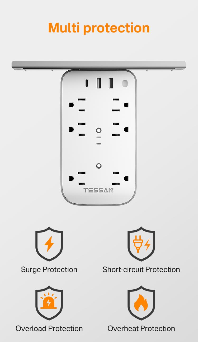 Tessan Wall Outlet Extender with Shelf Night Light Multi Plug Outlets USB Charger 6 AC 2 USB Ports 1 USB C for Home Office