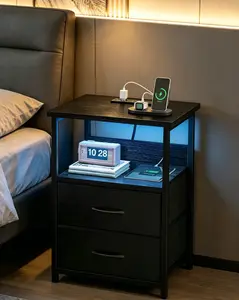 Night Stand with Charging Station, LED Nightstand with U-S-B Ports and Outlets, 2 Fabric Storage Drawers with PU Finish, Small Bedside Table, Black