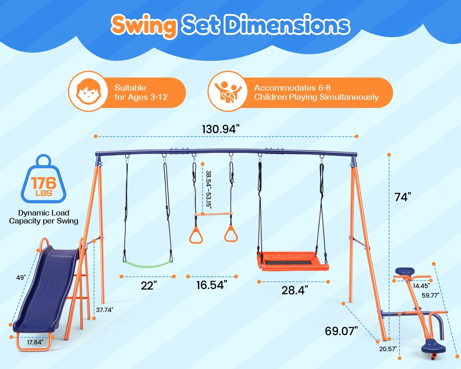 Swing Sets for Backyard 700 lbs - 6 in 1 Multifunction Swing Set Outdoor for Kids Playground, Larger Heavy Duty Metal Swing Stand with 3 Adjustable Swings, Climbing Ladder and Net, Basketball Hoop Swing Sets for Backyard 700 lbs - 6 in 1 Multifunction Swing Set Outdoor for Kids Playground, Larger Heavy Duty Metal Swing Stand with 3 Adjustable Swings, Climbing Ladder and Net, Basketball Hoop