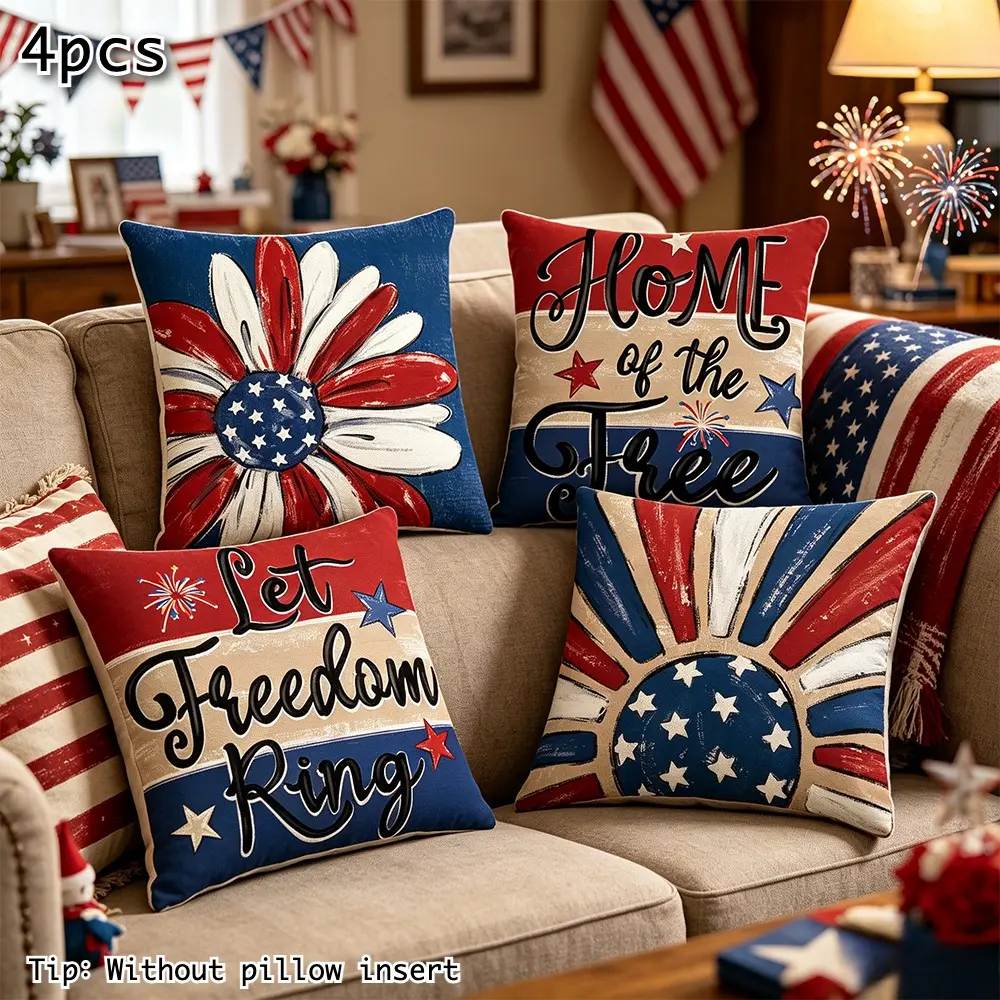 4PCS Let Freedom Ring Stars Fireworks Flower Red Throw Pillow Covers, 4th of July Patriotic Independence Memorial Day USA Flag Cushion Case for Sofa Couch
