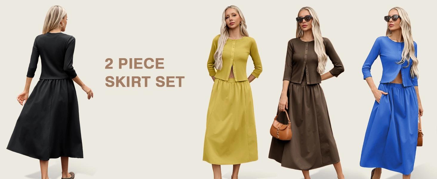 Showyg Women's Casual Ribbed Texture 2 Piece Sets - Round Neck 3/4 Sleeve Button Down Cardigan and Fitted Skirt Outfit, Women's Matching Sets, Clothes