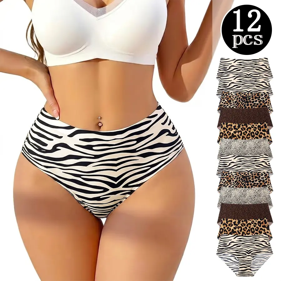 Quietlake Women's Seamless Cotton Briefs, Breathable Mid-Waist Cheeky Underwear Panties, Casual Leopard Design, Available in Packs of 6/12 Pieces