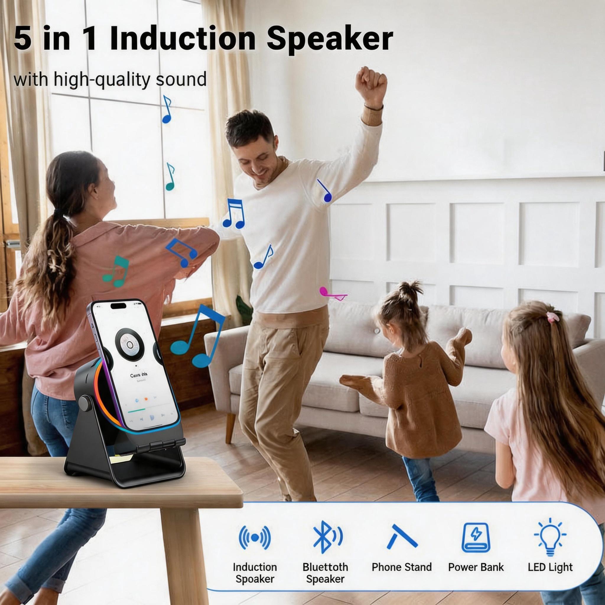 Dohelly 5-in-1 Wireless Induction Bluetooth Speaker - 360° Rotatable LED Stand, Universal Smartphone/Tablets Charger, Surround Sound, Portable Desktop Gift for Home Cooking, Father's Day Dohelly 5-in-1 Wireless Induction Bluetooth Speaker - 360° Rotatable LED Stand, Universal Smartphone/Tablets Charger, Surround Sound, Portable Desktop Gift for Home Cooking, Father's Day