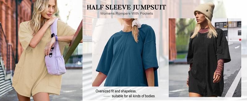 Imily Bela Comfort Baggy Tee Rompers for Women Summer Lady Athletic Oversize Romper Short Sleeve Jumpsuit Basic can be Worn on Both Sides Onesie with Pockets Casual Womenswear Overalls