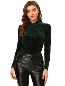 INSPIRE CHIC Metallic Shiny Dots Ruffle Neck Long Sleeve Vintage Velvet Blouse Top