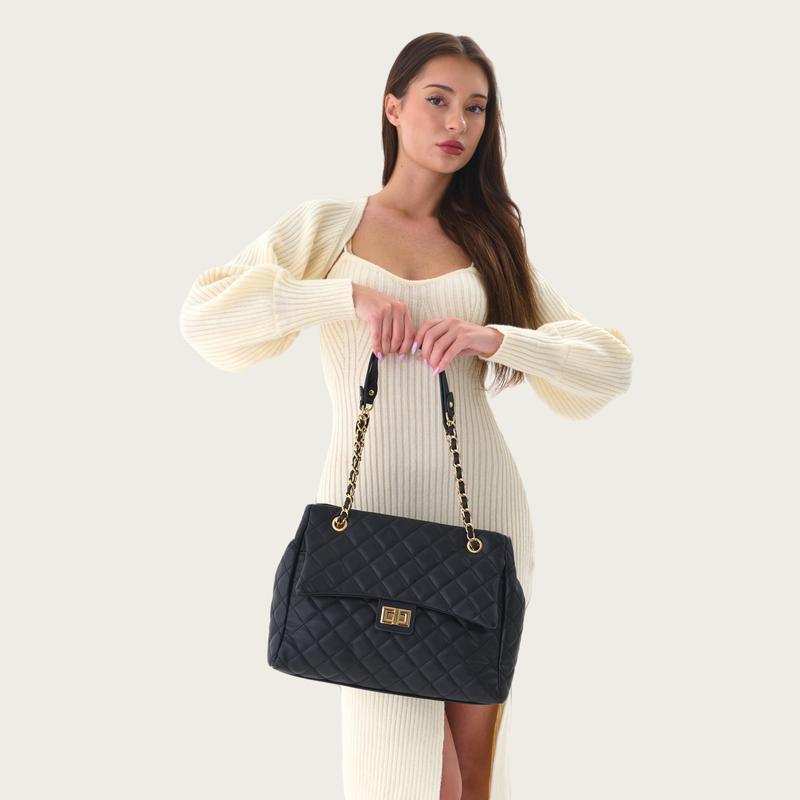 Shirley Women's Quilted Chain Tote Bag – Affordable Vegan Leather, Classic Flap Shoulder Bag for School and Work – Stylish Everyday Tote, Perfect Gift for Women in Multiple Colors