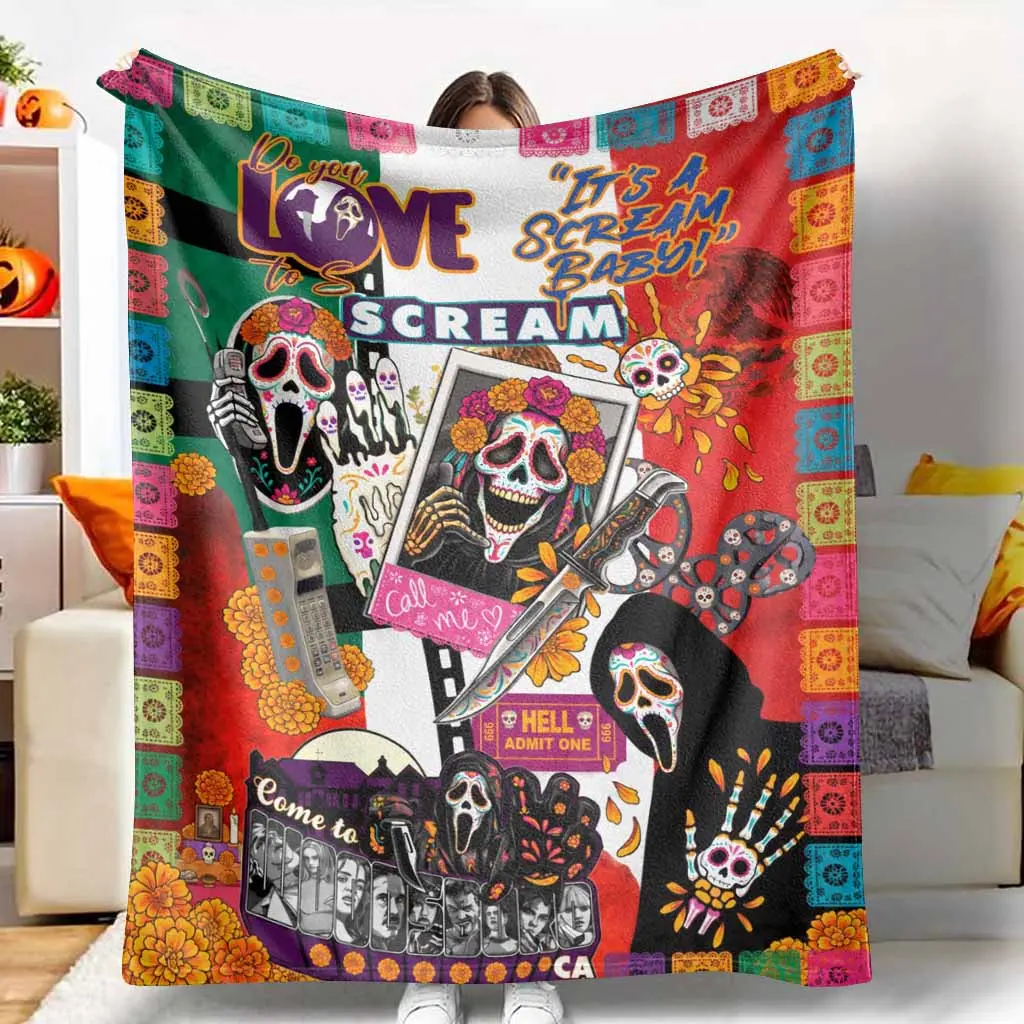 Day of the Dead Sugar Skull Flannel Blanket - Flannel Fabric, Spooky Mexican Festival Art Print, Soft Cozy Lightweight, Fading Resistance, Multi-Size, Perfect for Halloween Couch Throw Movie Night Home Decor Gift Idea