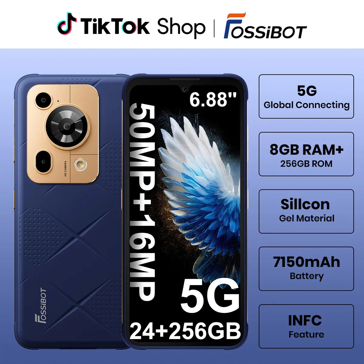 FOSSIBOT F112 Pro 5G Rugged Smartphone Unlocked, 256GB+24GB RAM (Expandable to 1TB), Android 14, 7150mAh Battery, 6.88" FHD+ Display, 50MP+16MP Camera, IP68/IP69K Military Grade, NFC, Dual SIM,back to school,back to school haul