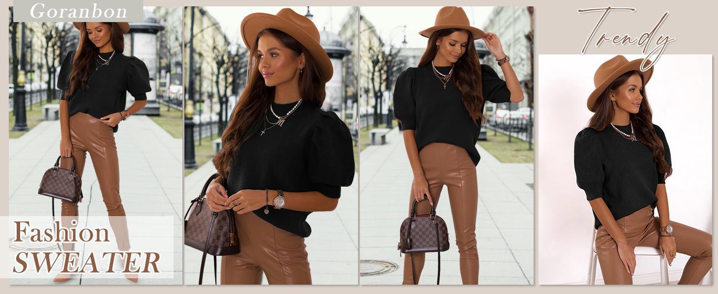 Imily Bela Women's Puff Short Sleeve Sweater Tops Spring Summer Trendy Crew/Square/V Neck Casual T Shirts Blouses Knitwear Comfort Basic Minimalist