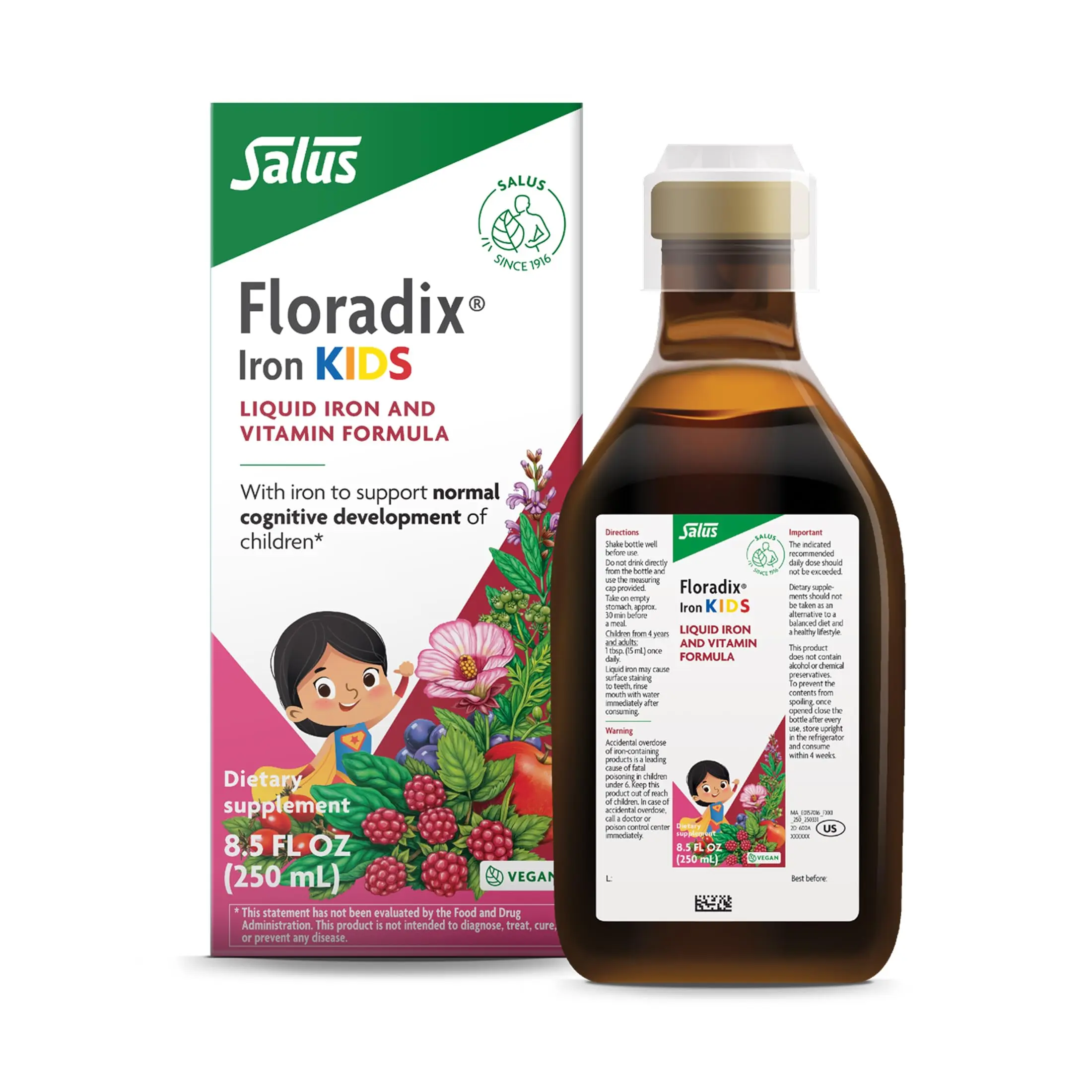 Floradix Iron Kids - Liquid Iron & Vitamin Formula - Children's Supplement with C & B Vitamins - Vegan - Raspberry-Vanilla Flavor - 8.5 fl oz