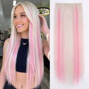 WIGQUEEN Clip in Long Straight/Wavy Synthetic Hair Extension 20Inch Mix Pink Highlights 4PCS Thick Hairpieces Fiber Double Weft Hair for Women Black Red Highlights
