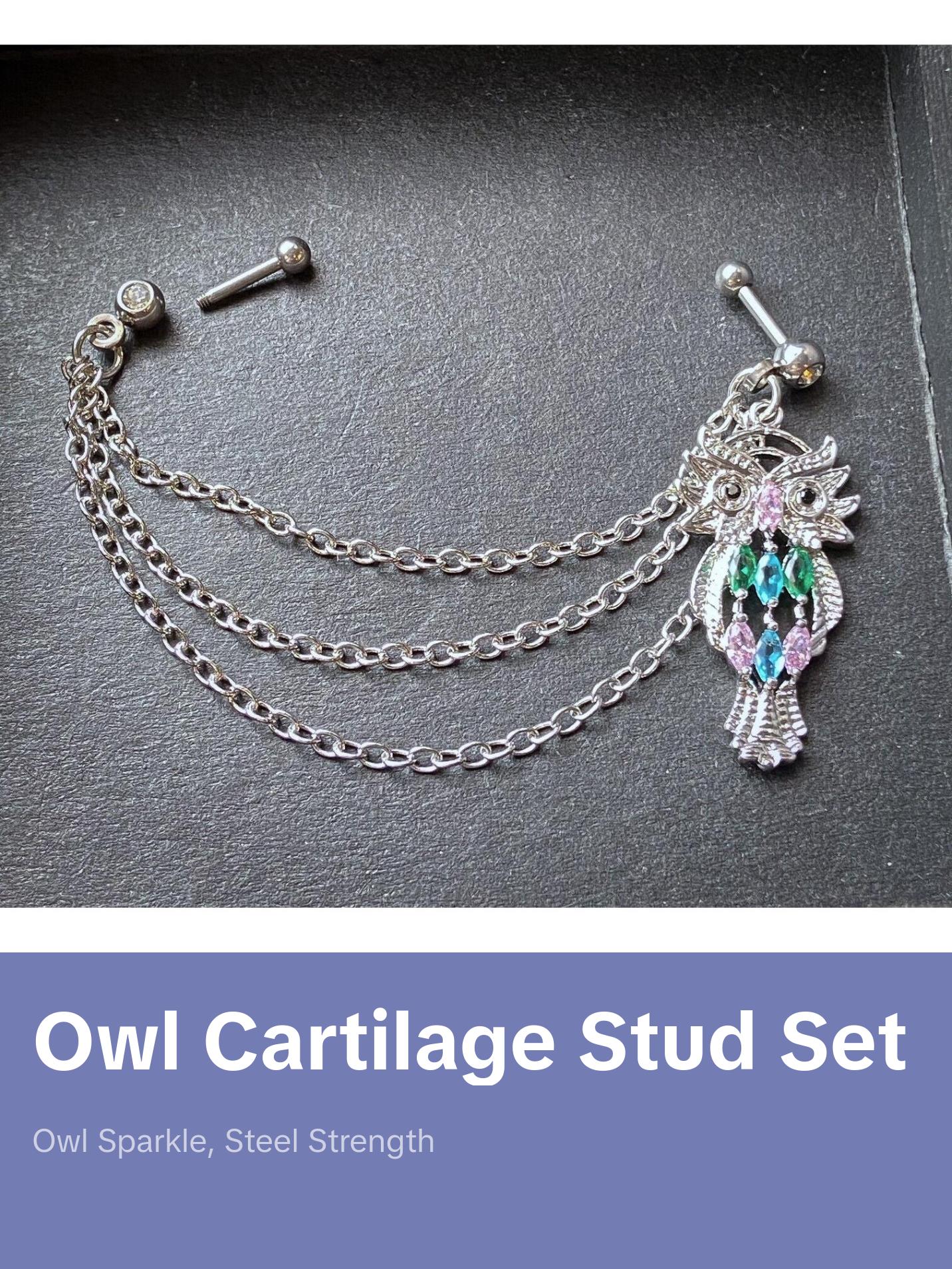 Steel Chain Linked Marquise Gemmed Owl Cartilage Tragus Helix Barbell Jewelry