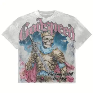 100% Cotton Y2K Gothic T-Shirt - Godspeed Skeleton King & Pink Roses Streetwear Tee with Blue Scarf Crowned Skeleton, Sword & "The King Is Still The King" Slogan