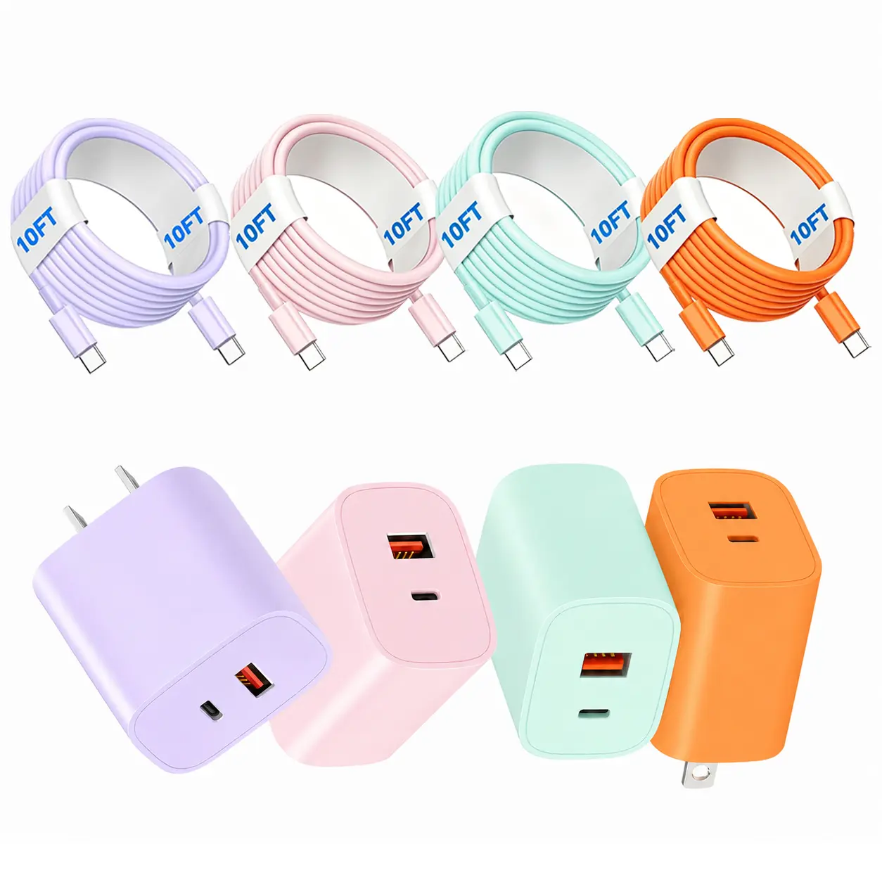Multi-Port Power Adapter with 10ft Extra-Long Data Cable - PD 20W USB-C ultra-fast charger set , QC 3.0 USB-A Ports, Fast-Charging - Compatible with iPhone 17 Pro Max/17 Pro/17/16 Pro Max/16 Plus/15 Series, Samsung S26+/S25/S24+/S22/S22+