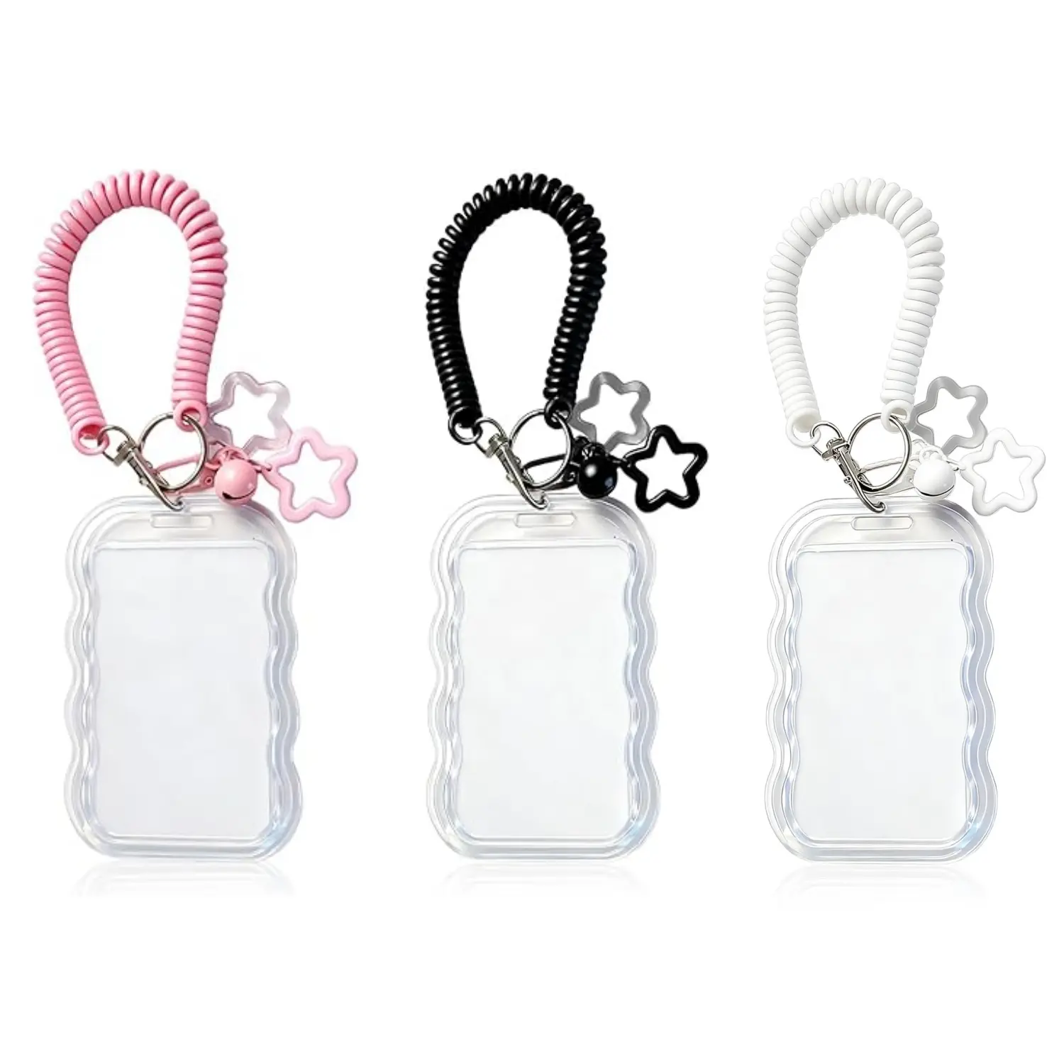 3 Pack Cute Photocard Holder Keychain Kpop Photo Card Holder, Transparent PC Holder with Star Wave Design for Bus Student Card, Creative Photo Protector Keychain
